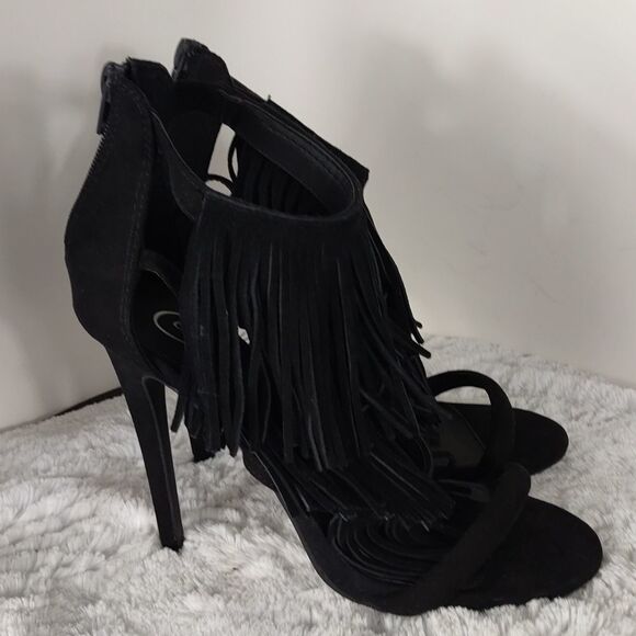 Candie's Black Suede Fringed Heeled Sandals - Picture 8 of 8